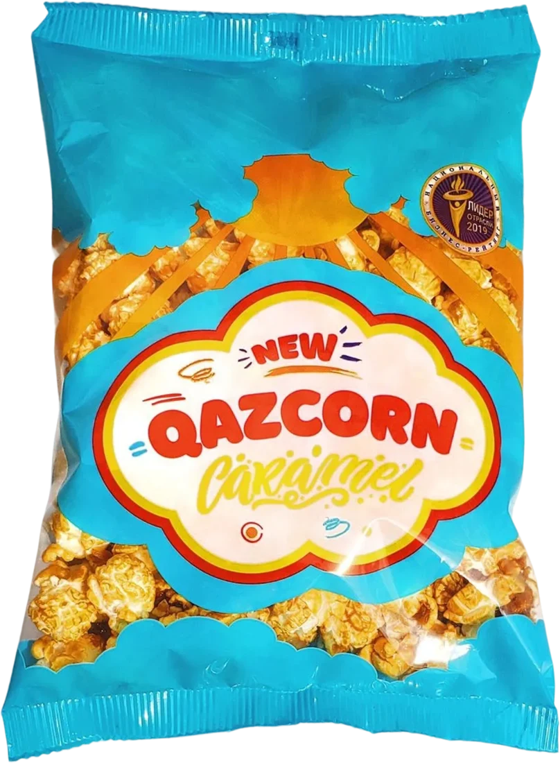 Карамель попкорн құйынындағы QAZCORN Caramel қаптамасы