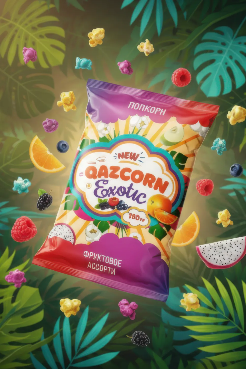 Тропикалық жапырақтар мен жидектер арасындағы QAZCORN Exotic қаптамасы