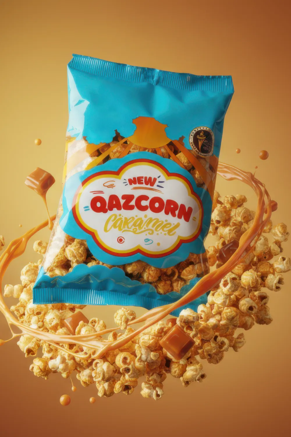 Карамель попкорн құйынындағы QAZCORN Caramel қаптамасы
