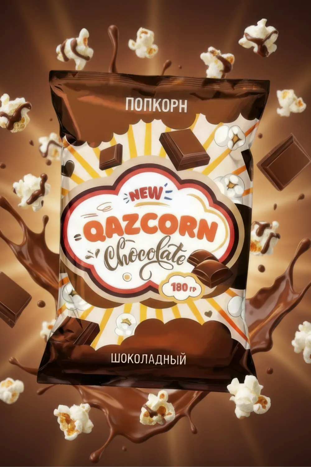 Шоколад шашырандысындағы QAZCORN Chocolate қаптамасы