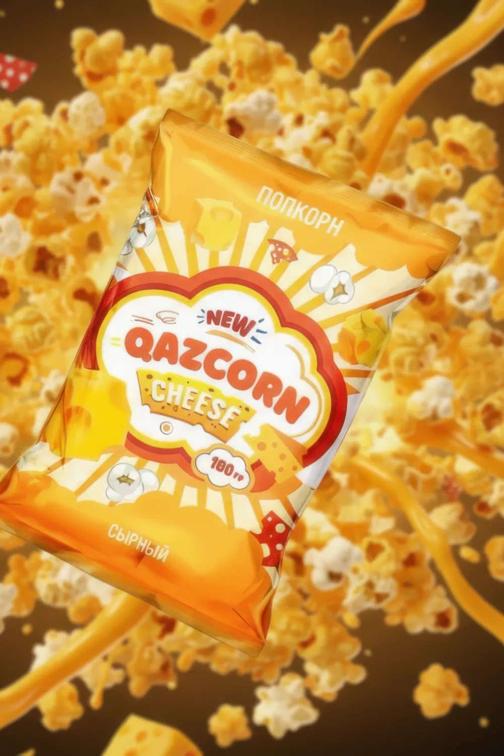 Ірімшік попкорны жарылысындағы QAZCORN Cheese қаптамасы